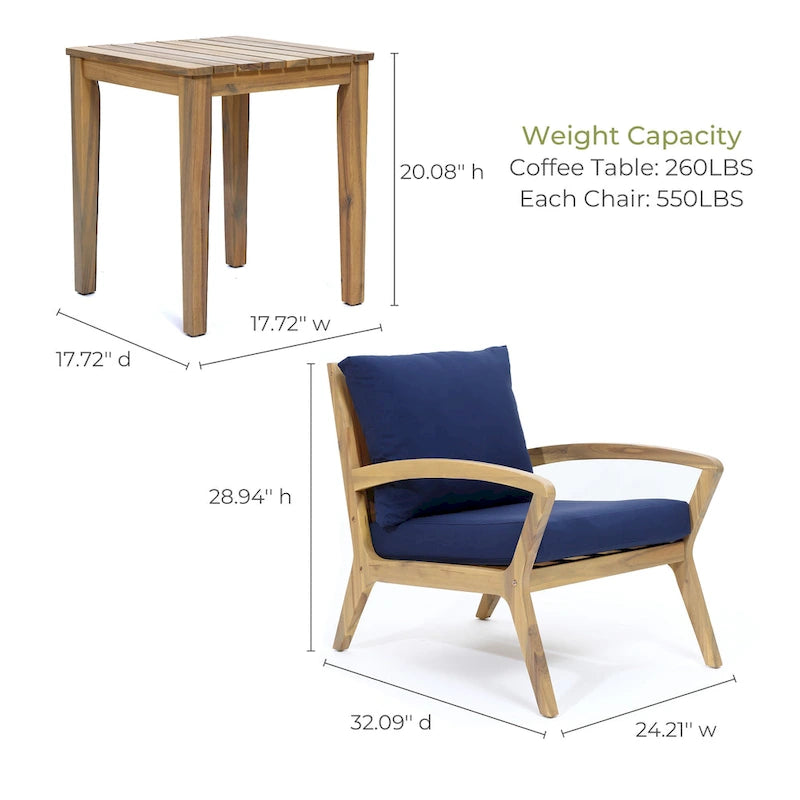 Outdoor Acacia Wood 2 Seater Chat Set with Cushions, Outdoor Bistro Set Furniture