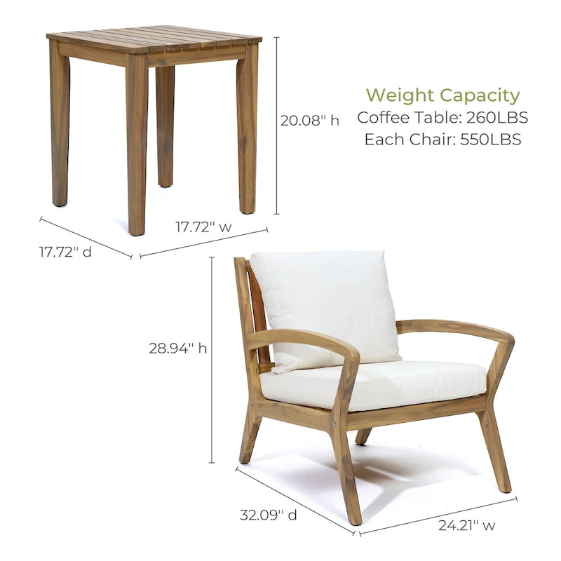 Outdoor Acacia Wood 2 Seater Chat Set with Cushions, Outdoor Bistro Set Furniture