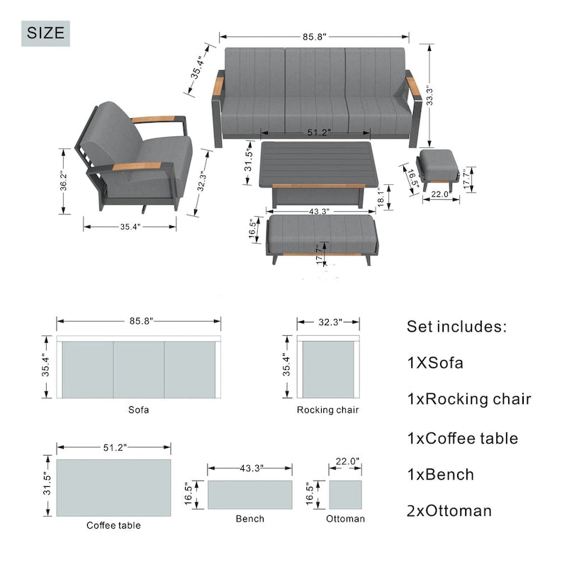 Outdoor Indoor Aluminum Patio Sofa with Coffee Table Collection ,Grey(You can choose one set or a single piece)