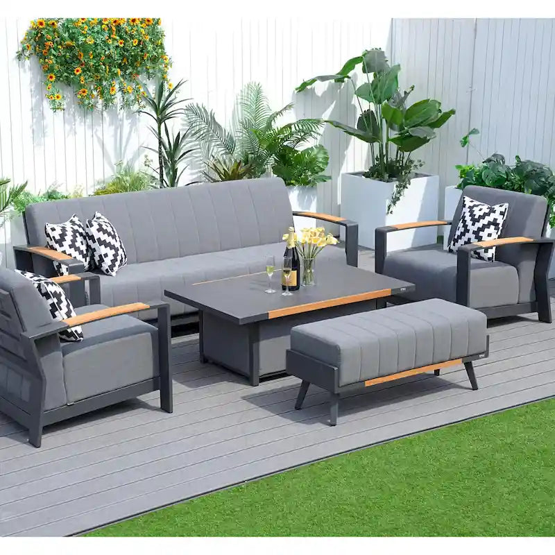 Outdoor Indoor Aluminum Patio Sofa with Coffee Table Collection ,Grey(You can choose one set or a single piece)