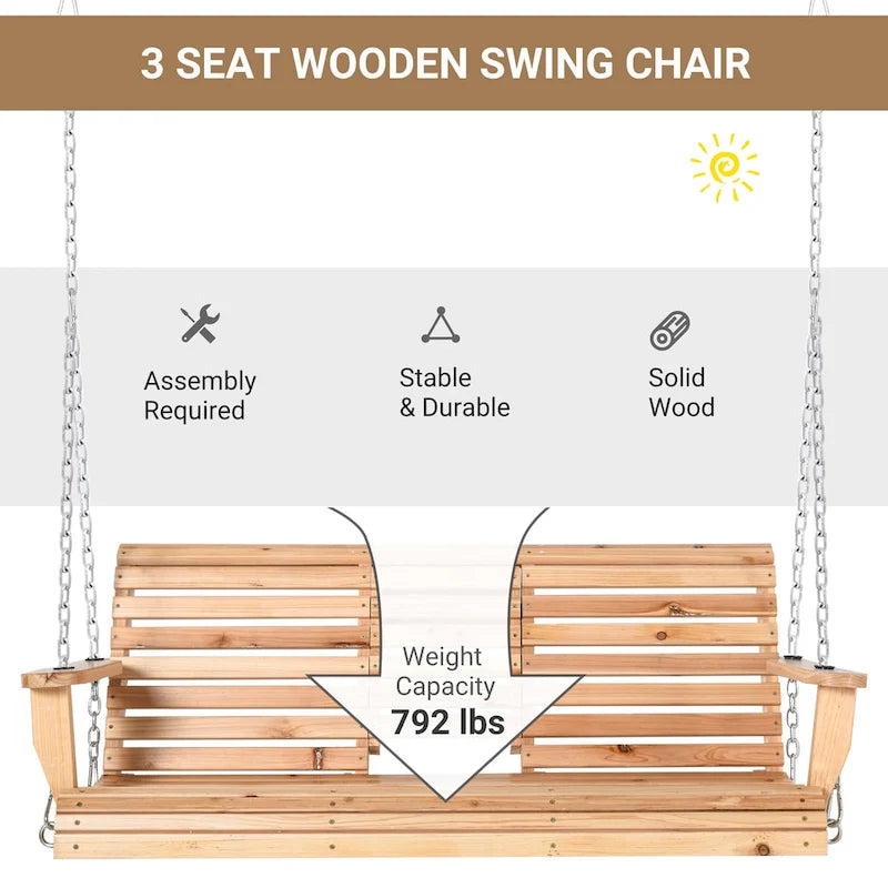 Outsunny 3-Seater Wooden Porch Swing Bench with Folding Coffee Table, Durable PU Coating, Chains Included - 59 x 29.5 x 20.75