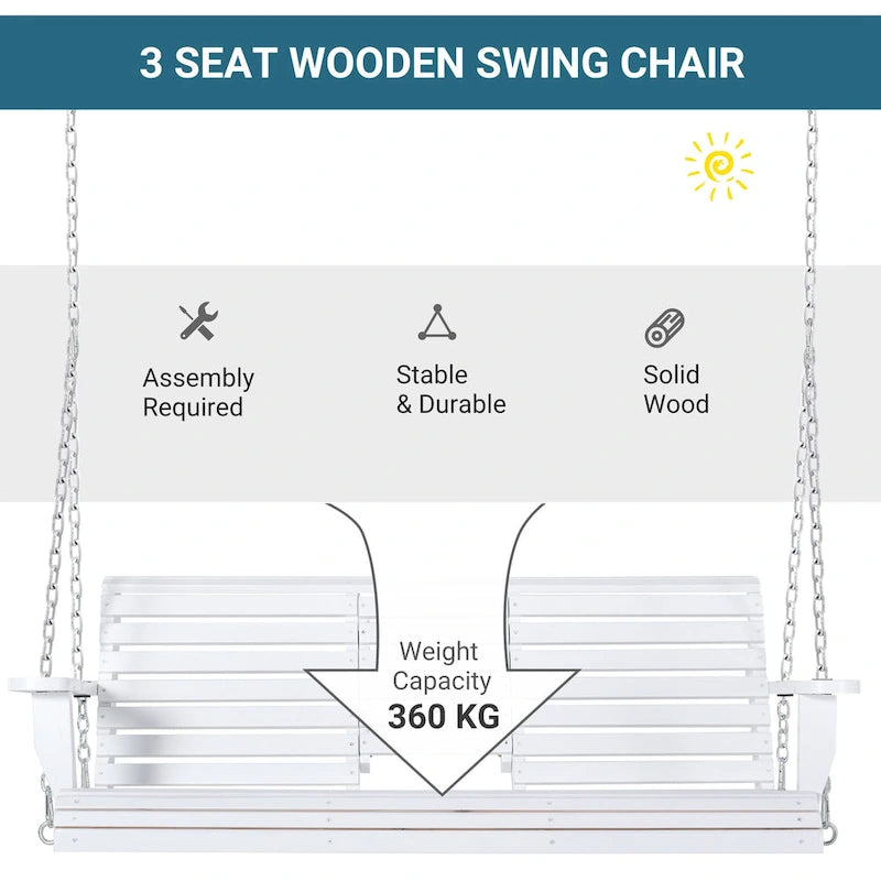 Outsunny 3-Seater Wooden Porch Swing Bench with Folding Coffee Table, Durable PU Coating, Chains Included - 59 x 29.5 x 20.75