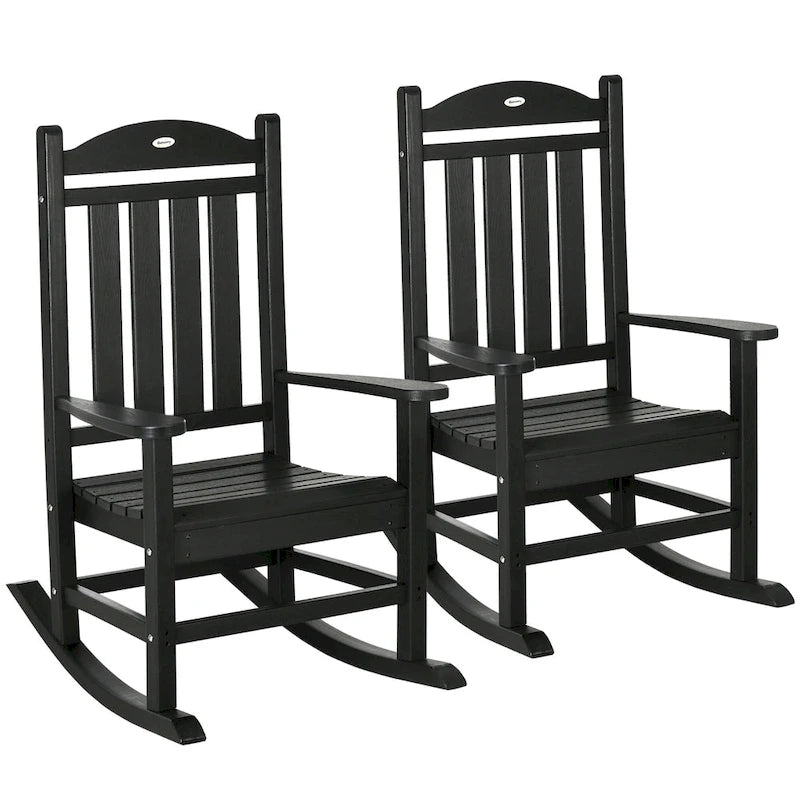 Outsunny 2 Pieces Outdoor Rocking Chair, All Weather-Resistant HDPE Rocking Patio Chairs with Rustic High Back, Armrests