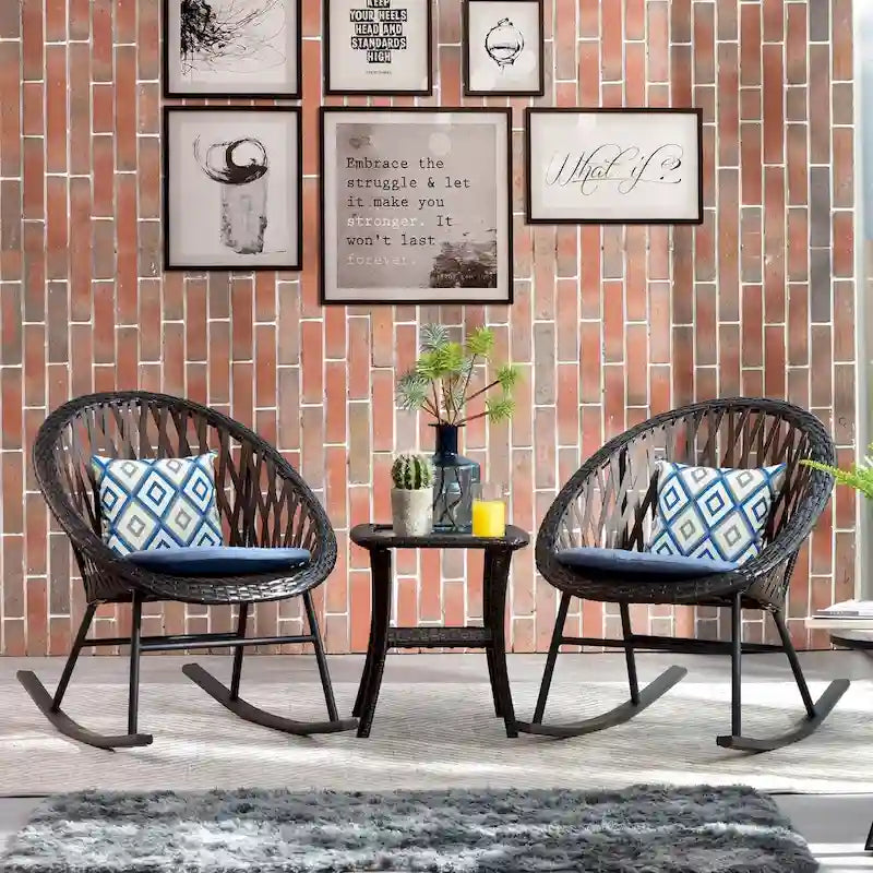 OVIOS 3-piece Patio Rocking Chair Bistro Set with Glass Coffee Table