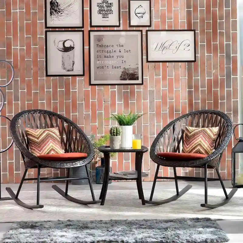 OVIOS 3-piece Patio Rocking Chair Bistro Set with Glass Coffee Table