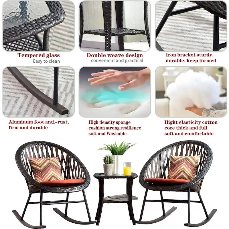 OVIOS 3-piece Patio Rocking Chair Bistro Set with Glass Coffee Table