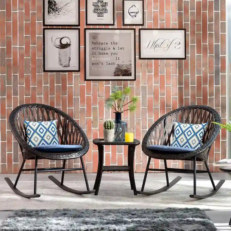 OVIOS 3-piece Patio Rocking Chair Bistro Set with Glass Coffee Table