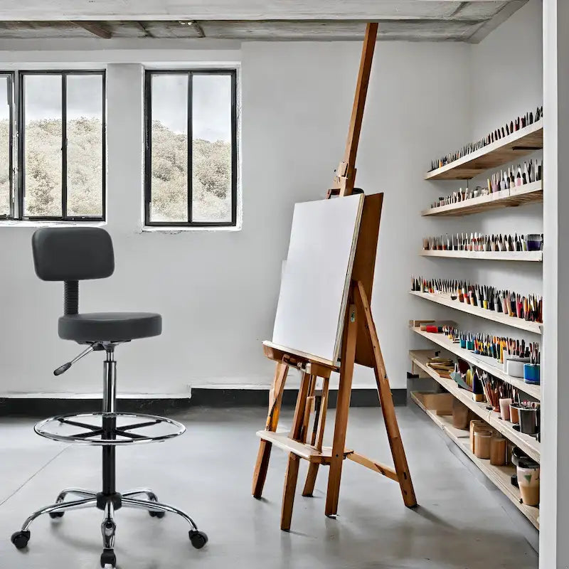 Adjustable Rolling Work Stool with Faux Leather Seat and Foldable Footrest, Versatile Stool for Home Office, Vanity,