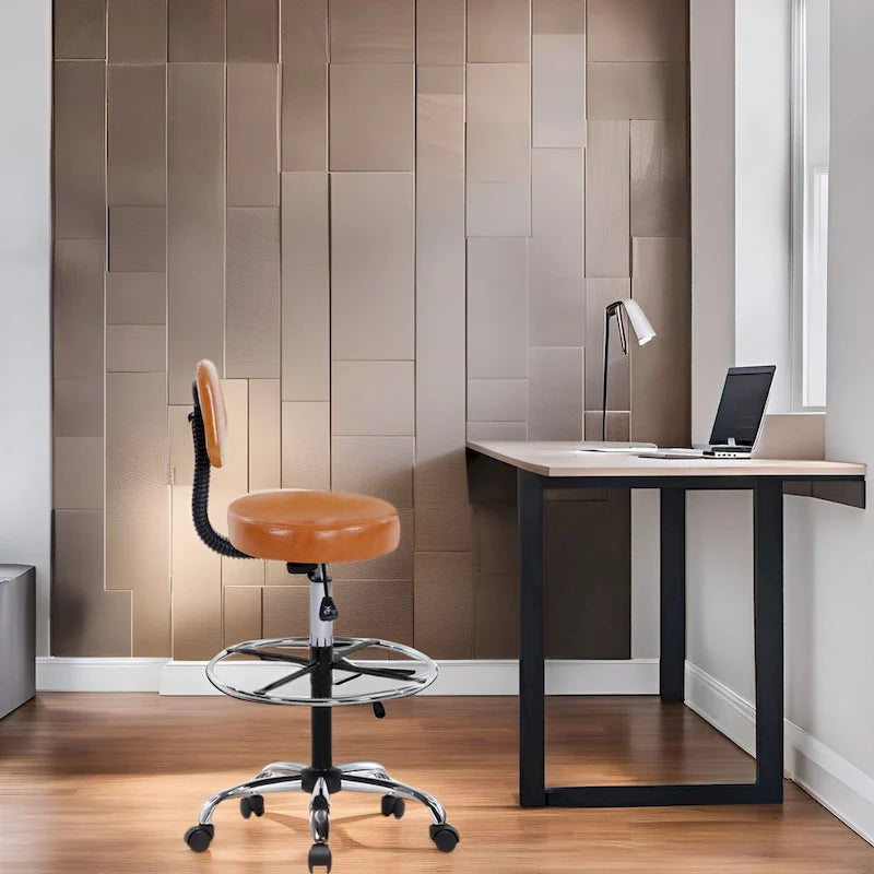 Adjustable Rolling Work Stool with Faux Leather Seat and Foldable Footrest, Versatile Stool for Home Office, Vanity,