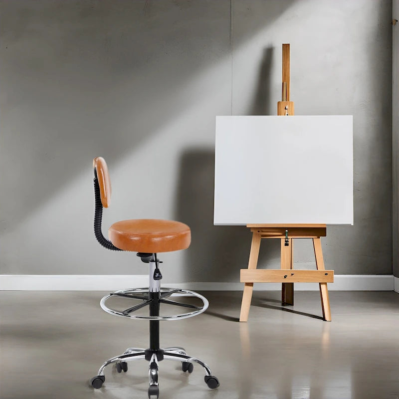 Adjustable Rolling Work Stool with Faux Leather Seat and Foldable Footrest, Versatile Stool for Home Office, Vanity,