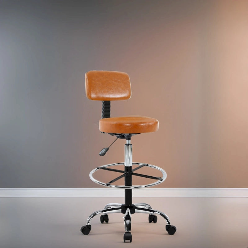 Adjustable Rolling Work Stool with Faux Leather Seat and Foldable Footrest, Versatile Stool for Home Office, Vanity,