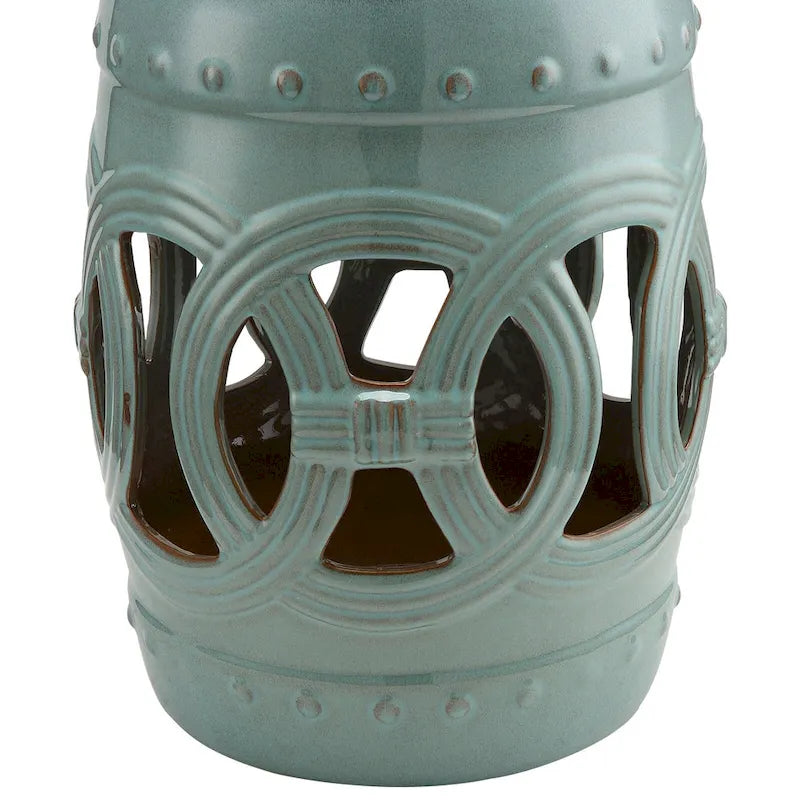 Outsunny 14 Multi-Use Ceramic Garden Stool / Round Side Table / Foot Rest with Knotted Ring Design Antique-Blue Green
