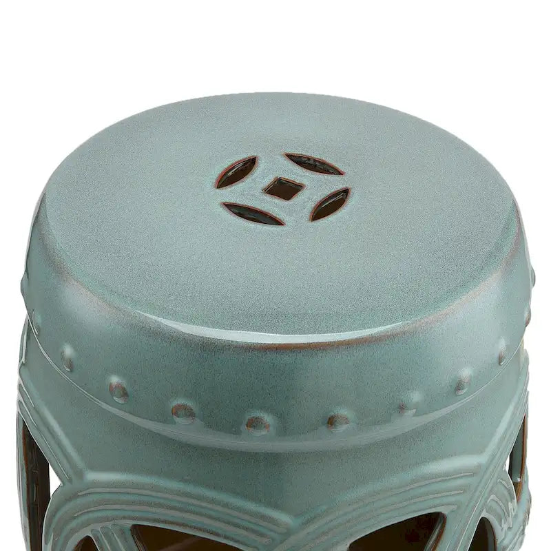 Outsunny 14 Multi-Use Ceramic Garden Stool / Round Side Table / Foot Rest with Knotted Ring Design Antique-Blue Green