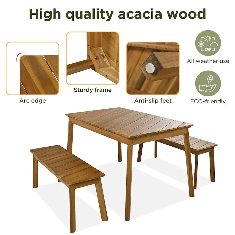 GO 3 Pieces Acacia Wood Table Bench Dining Set For Outdoor & Indoor Furniture With 2 Benches