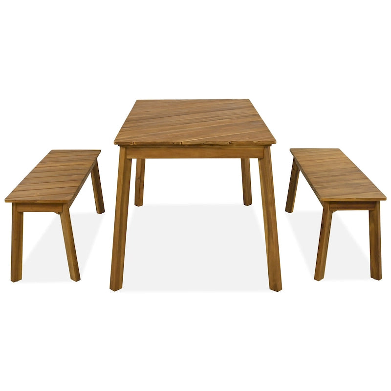 GO 3 Pieces Acacia Wood Table Bench Dining Set For Outdoor & Indoor Furniture With 2 Benches