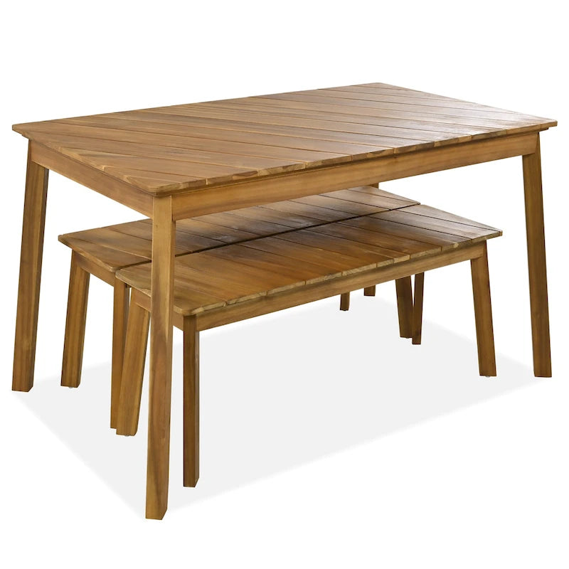 GO 3 Pieces Acacia Wood Table Bench Dining Set For Outdoor & Indoor Furniture With 2 Benches