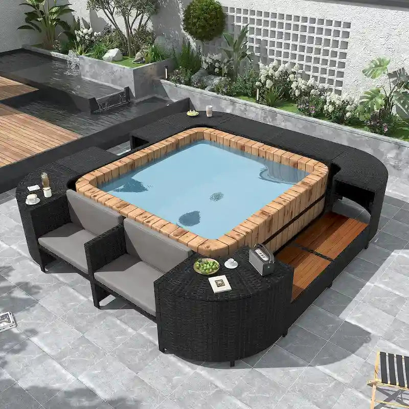 Spa Surround Spa Frame Quadrilateral Outdoor Rattan Sectional Sofa Set with Mini Sofa,Wooden Seats and Storage Spaces, Beige