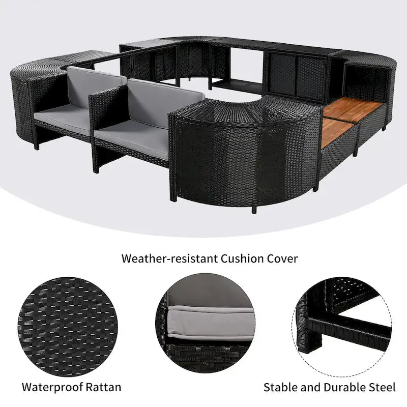 Spa Surround Spa Frame Quadrilateral Outdoor Rattan Sectional Sofa Set with Mini Sofa,Wooden Seats and Storage Spaces, Beige