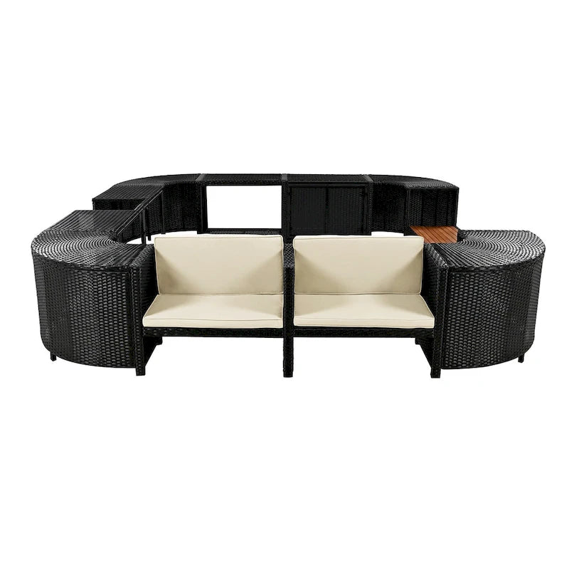 Spa Surround Spa Frame Quadrilateral Outdoor Rattan Sectional Sofa Set with Mini Sofa,Wooden Seats and Storage Spaces, Beige