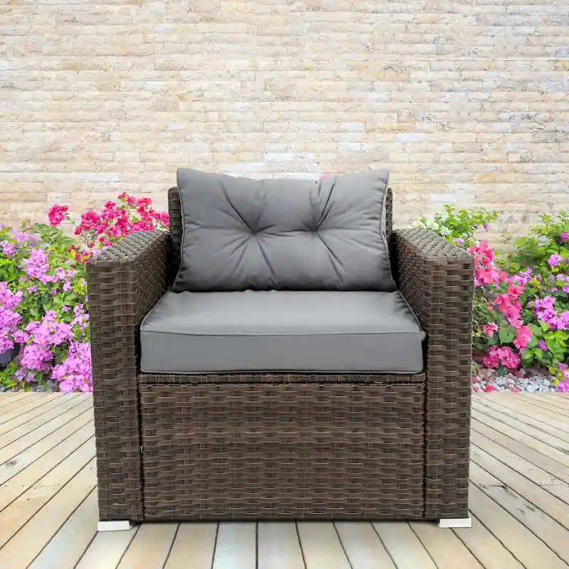 6 Pieces PE Rattan sectional Outdoor Furniture Cushioned Sofa set Grey Wicker, Dark Grey Cushion