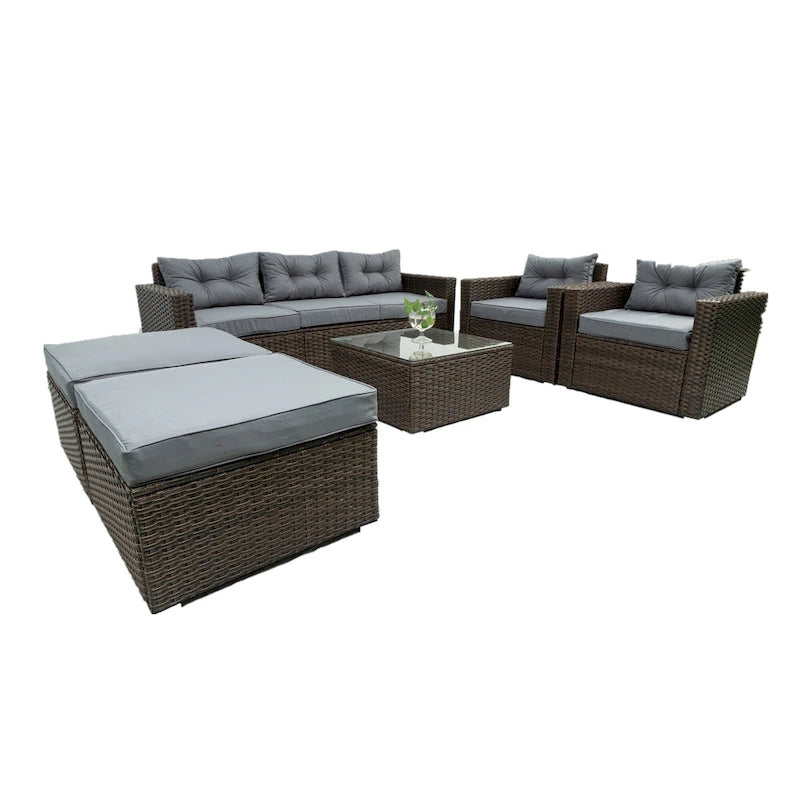 6 Pieces PE Rattan sectional Outdoor Furniture Cushioned Sofa set Grey Wicker, Dark Grey Cushion
