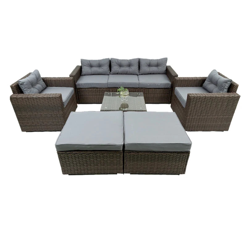6 Pieces PE Rattan sectional Outdoor Furniture Cushioned Sofa set Grey Wicker, Dark Grey Cushion