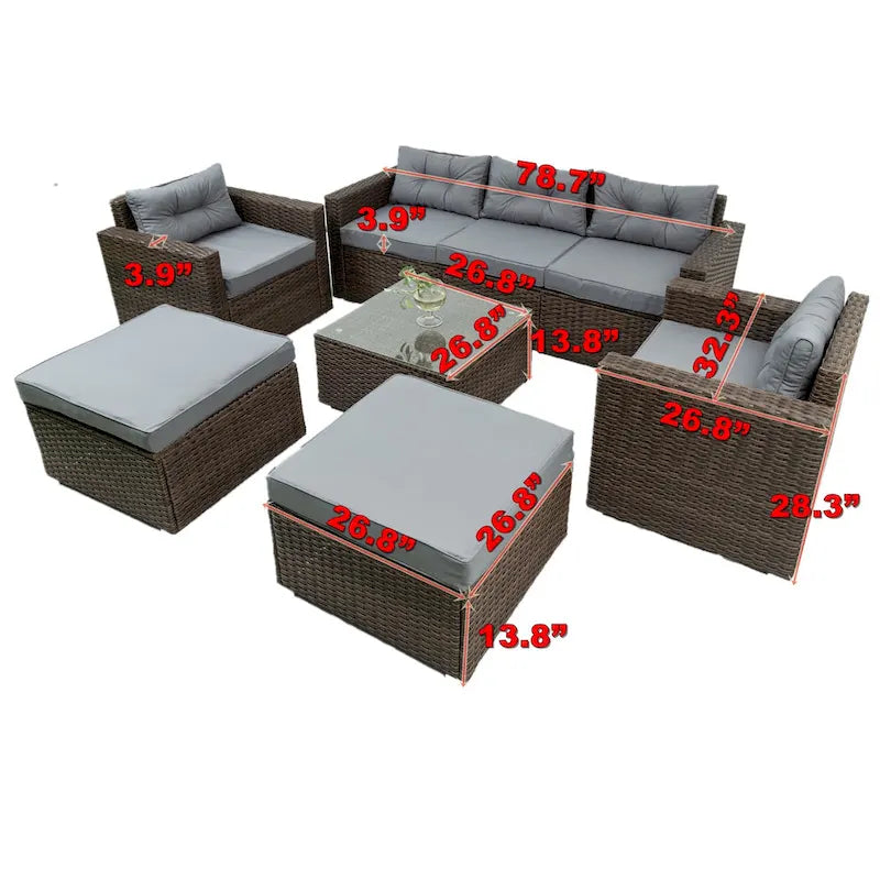 6 Pieces PE Rattan sectional Outdoor Furniture Cushioned Sofa set Grey Wicker, Dark Grey Cushion