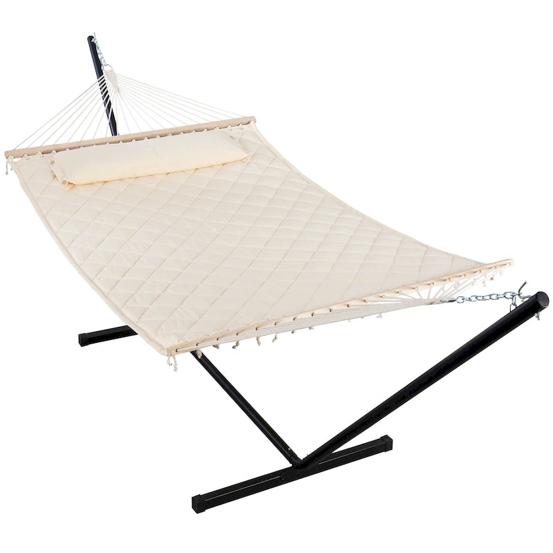Double Hammock with 12 Feet Heavy Duty Steel Stand Combo, 2 Person Quilted Fabric Hammocks with Stand,450 LBS Weight Capacity