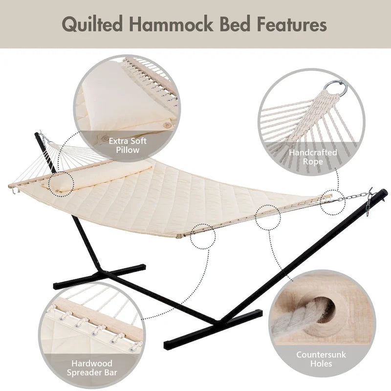 Double Hammock with 12 Feet Heavy Duty Steel Stand Combo, 2 Person Quilted Fabric Hammocks with Stand,450 LBS Weight Capacity