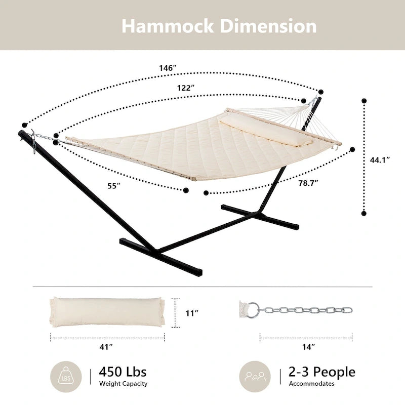 Double Hammock with 12 Feet Heavy Duty Steel Stand Combo, 2 Person Quilted Fabric Hammocks with Stand,450 LBS Weight Capacity