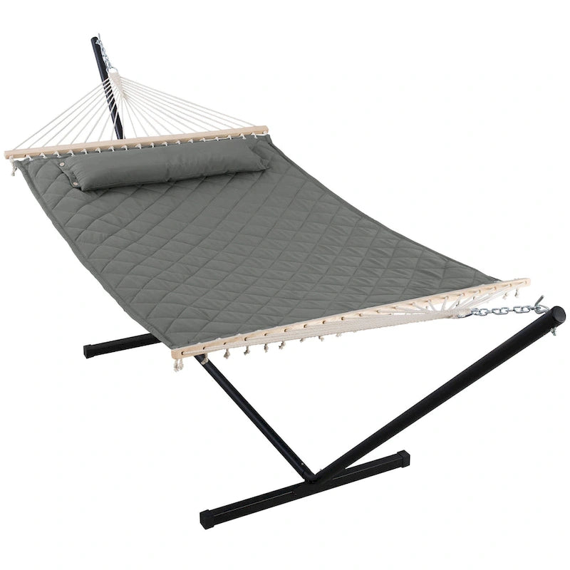 Double Hammock with 12 Feet Heavy Duty Steel Stand Combo, 2 Person Quilted Fabric Hammocks with Stand,450 LBS Weight Capacity