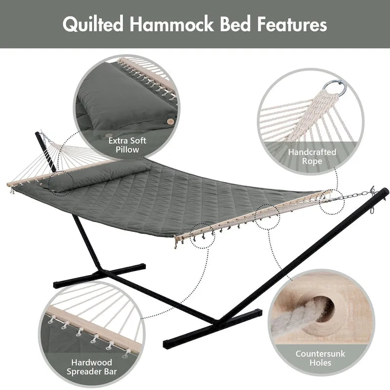 Double Hammock with 12 Feet Heavy Duty Steel Stand Combo, 2 Person Quilted Fabric Hammocks with Stand,450 LBS Weight Capacity