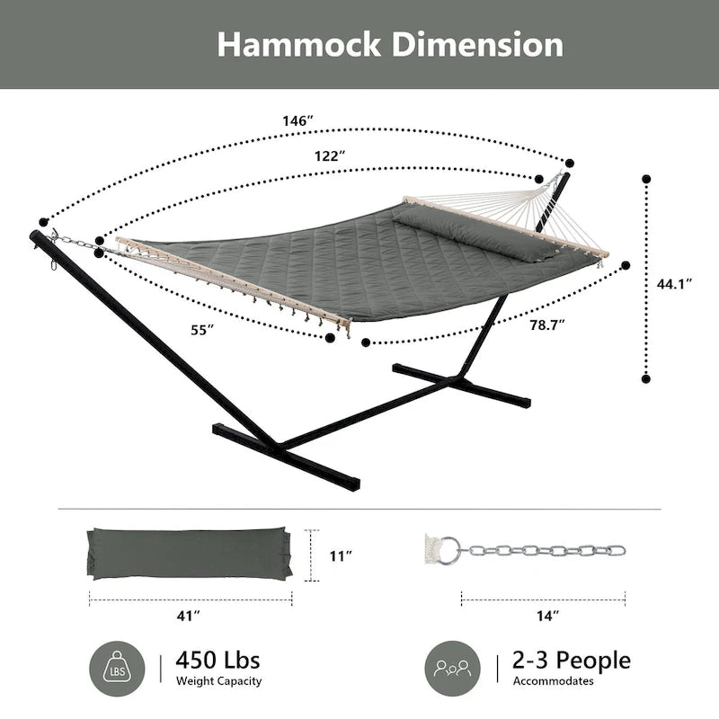 Double Hammock with 12 Feet Heavy Duty Steel Stand Combo, 2 Person Quilted Fabric Hammocks with Stand,450 LBS Weight Capacity