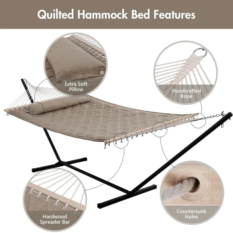 Double Hammock with 12 Feet Heavy Duty Steel Stand Combo, 2 Person Quilted Fabric Hammocks with Stand,450 LBS Weight Capacity