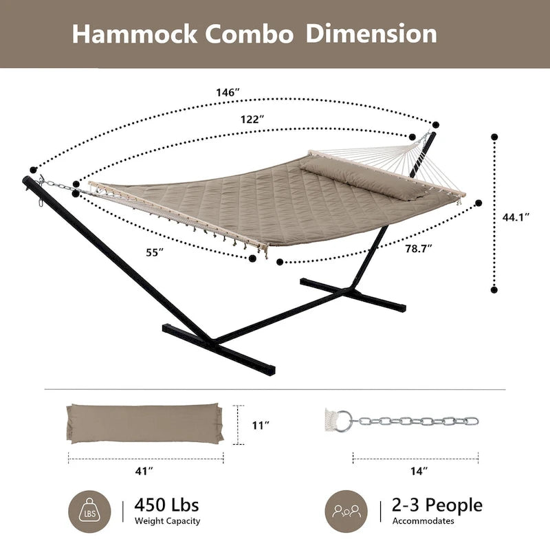 Double Hammock with 12 Feet Heavy Duty Steel Stand Combo, 2 Person Quilted Fabric Hammocks with Stand,450 LBS Weight Capacity