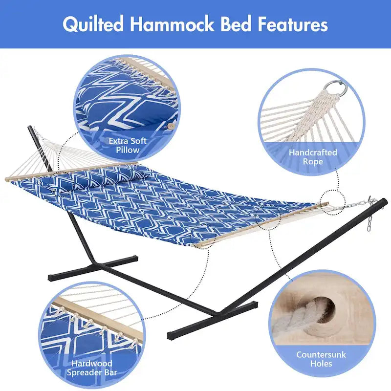 Double Hammock with 12 Feet Heavy Duty Steel Stand Combo, 2 Person Quilted Fabric Hammocks with Stand,450 LBS Weight Capacity