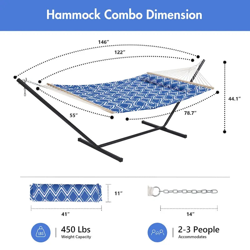 Double Hammock with 12 Feet Heavy Duty Steel Stand Combo, 2 Person Quilted Fabric Hammocks with Stand,450 LBS Weight Capacity