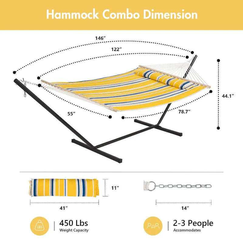 Double Hammock with 12 Feet Heavy Duty Steel Stand Combo, 2 Person Quilted Fabric Hammocks with Stand,450 LBS Weight Capacity