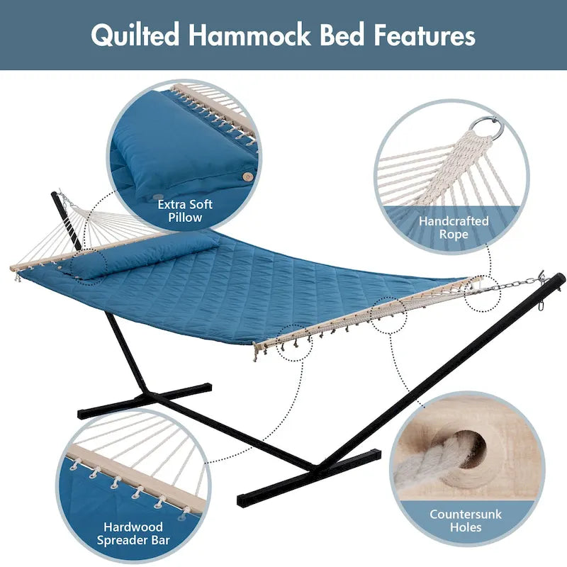 Double Hammock with 12 Feet Heavy Duty Steel Stand Combo, 2 Person Quilted Fabric Hammocks with Stand,450 LBS Weight Capacity