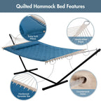 Double Hammock with 12 Feet Heavy Duty Steel Stand Combo, 2 Person Quilted Fabric Hammocks with Stand,450 LBS Weight Capacity