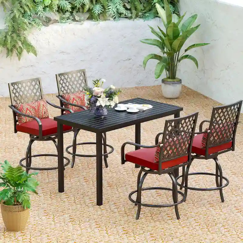 5-Piece Bar Height Dining Set, 4 Rattan or 4 Metal Swivel Bar Chairs and 1 Rectangular Metal Bar Height Table