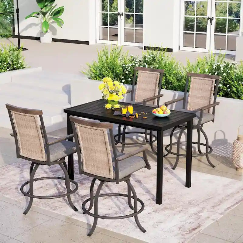 5-Piece Bar Height Dining Set, 4 Rattan or 4 Metal Swivel Bar Chairs and 1 Rectangular Metal Bar Height Table