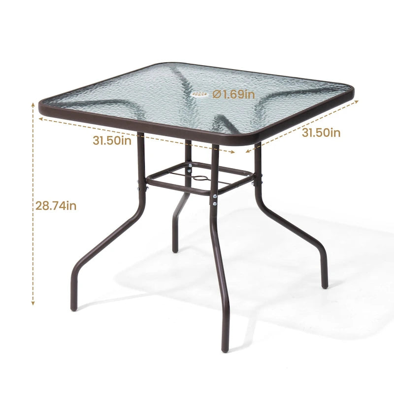 Crestlive Outdoor Dining Bistro Table with Square Glass Top and Umbrella Hole - 31.50 L x 31.50 W x 28.74 H