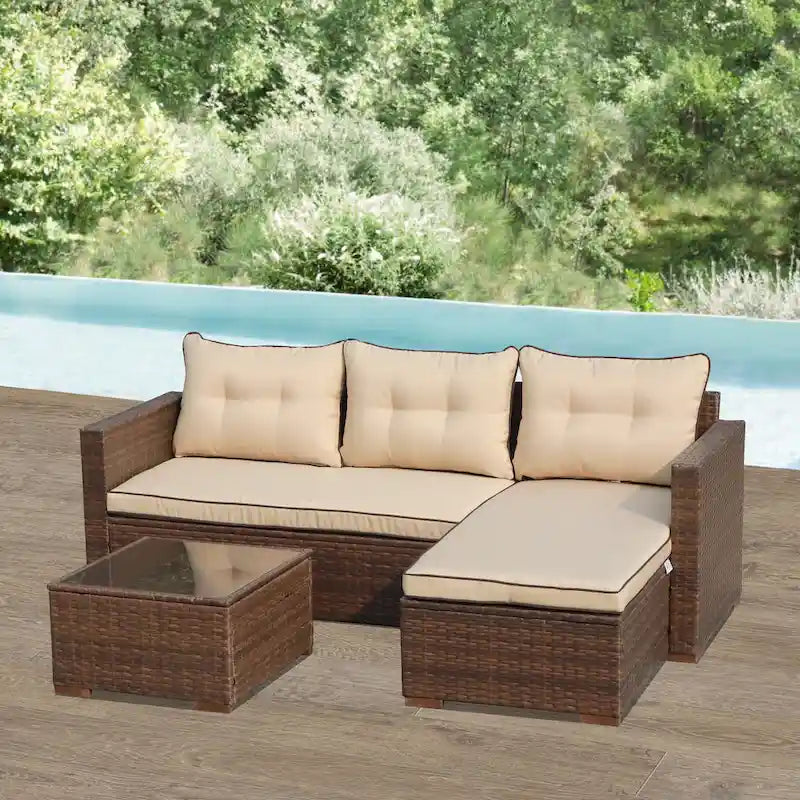 Outdoor Cushioned Wicker 3-piece Sectional Set
