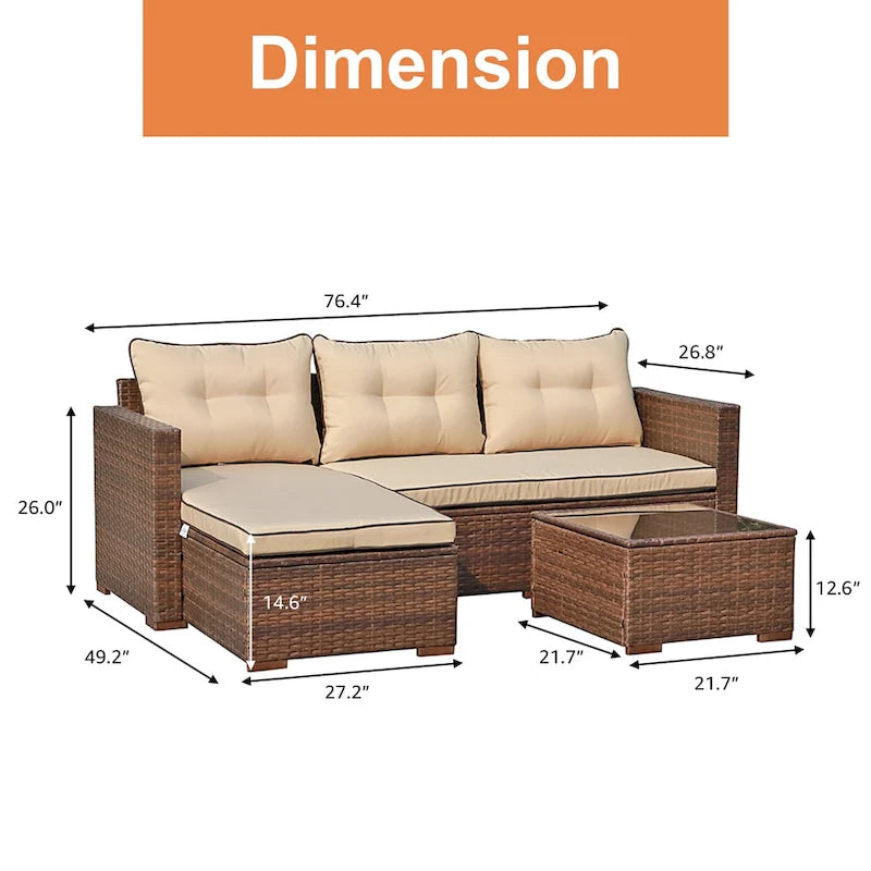 Outdoor Cushioned Wicker 3-piece Sectional Set