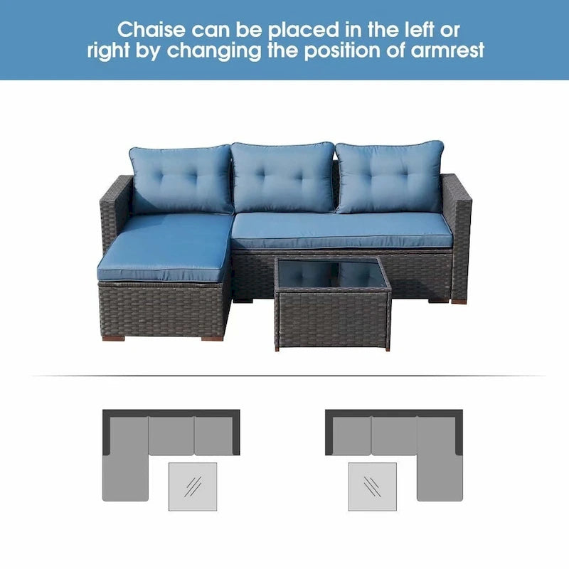 Outdoor Cushioned Wicker 3-piece Sectional Set