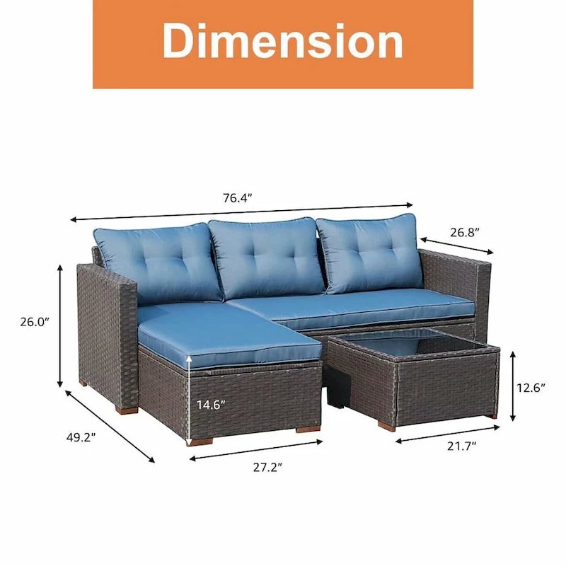 Outdoor Cushioned Wicker 3-piece Sectional Set