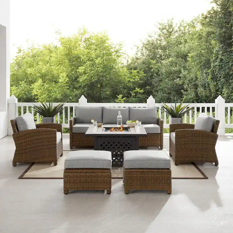 Crosley Bradenton 6Pc Outdoor Wicker Sofa Set W/Fire Table - 150.5 W x 135 D x 32.5 H