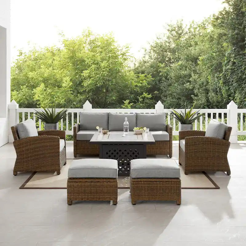 Crosley Bradenton 6Pc Outdoor Wicker Sofa Set W/Fire Table - 150.5 W x 135 D x 32.5 H