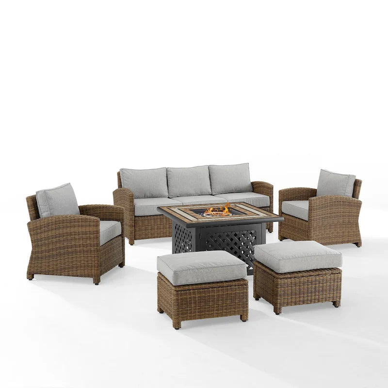 Crosley Bradenton 6Pc Outdoor Wicker Sofa Set W/Fire Table - 150.5 W x 135 D x 32.5 H